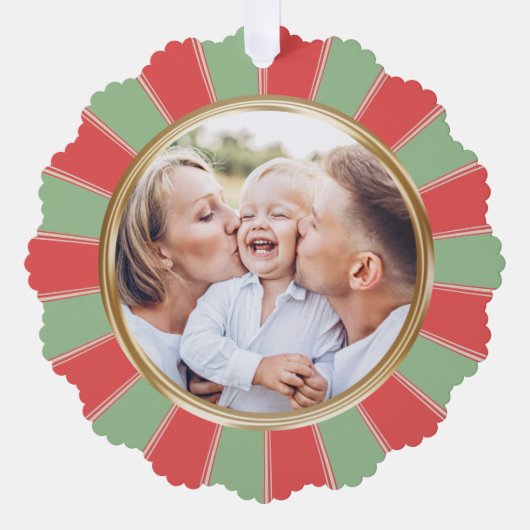 レトロストライプ家族フォトクリスマス オーナメントカード (正面)