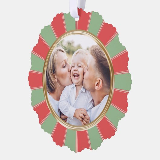 レトロストライプ家族フォトクリスマス オーナメントカード (左)