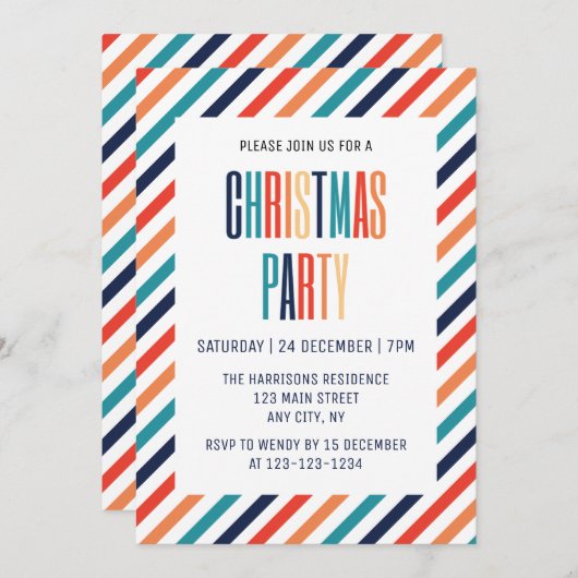 レトロストライプ抽象芸術カラフルラインクリスマス 招待状 (正面/裏面)
