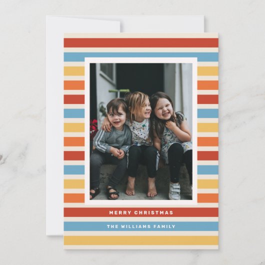 レトロストライプ赤、黄、青の写真クリスマス シーズンカード (正面)