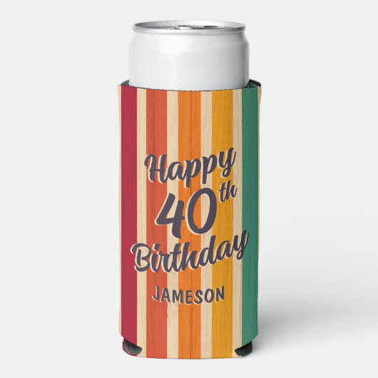 レトロストライプ70sディスコ40th誕生日パーティー スリム缶クーラー (Seltzer正面)