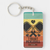 レトロストライプIハートピックボール名前をカスタムする キーホルダー (正面)
