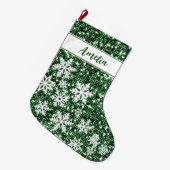 レトロスノーフレークスグリーンクリスマスパーソナライズされた ラージクリスマスストッキング (正面 (吊り時))