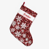 レトロスノーフレークスレッドクリスマパーソナライズされたス ラージクリスマスストッキング (正面 (吊り時))