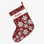 レトロスノーフレークスレッドクリスマパーソナライズされたス ラージクリスマスストッキング (裏面 (吊り時))