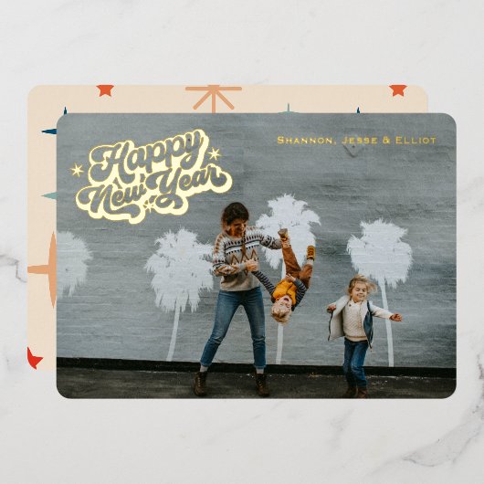 レトロスパークル 幸せな新年 ワンフォト ゴールド 箔シーズンカード (正面/裏面)