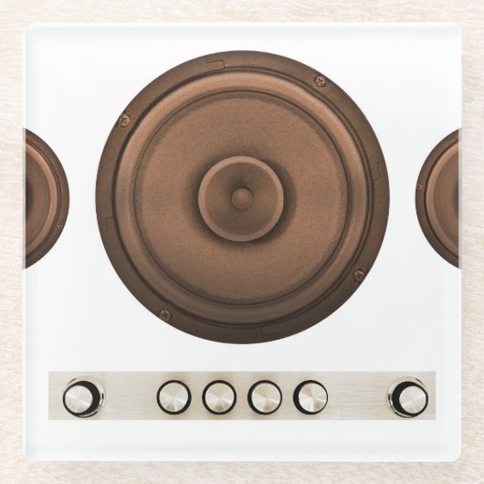 レトロスピーカー：ブラウン、孤立した白。 ガラスコースター (正面)