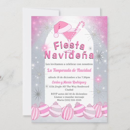 レトロスペインのピンクフィエスタナビデナクリスマスパーティー 招待状 (正面)