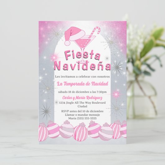 レトロスペインのピンクフィエスタナビデナクリスマスパーティー 招待状 (スタンド正面)