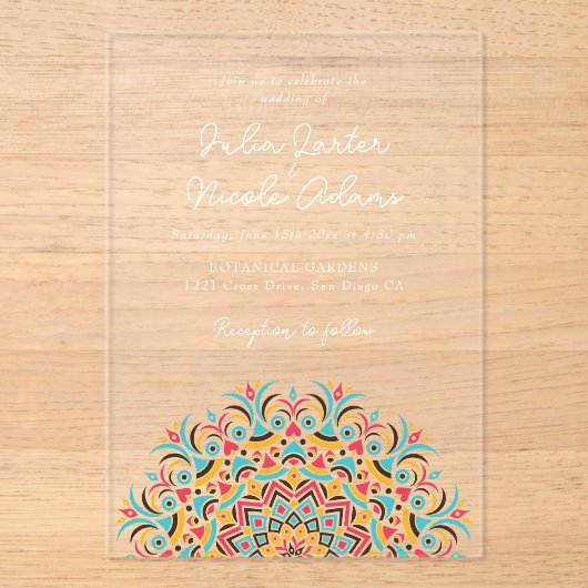 レトロスペインの抽象芸術フローラマンダラ結婚ズ アクリル招待状 (正面)