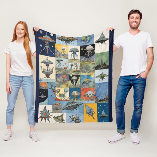 レトロスペースシップとエイリアン海軍 フリースブランケット (インサイチュ)