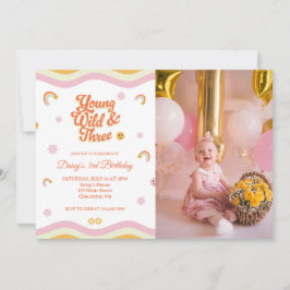 レトロスマイルヤングワイルドと3つの誕生日写真 招待状