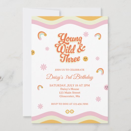 レトロスマイルヤングワイルドアンドスリー誕生日 招待状 (正面)