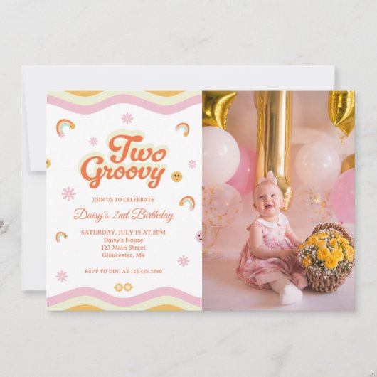 レトロスマイル2つのGroovy 2nd誕生日の写真 招待状 (正面)
