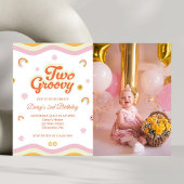 レトロスマイル2つのGroovy 2nd誕生日の写真 招待状