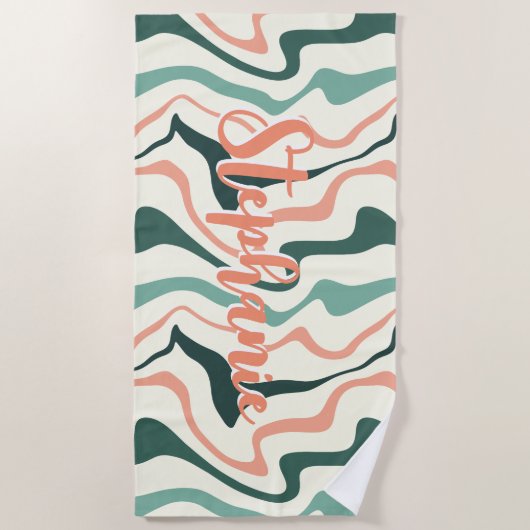 レトロスワール抽象芸術ウェーブピーチミント名前をカスタムする ビーチタオル (正面)