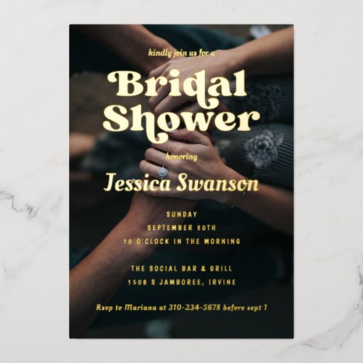 レトロセリフ写真ブライダルシャワー金ゴールド 箔招待状 (正面)