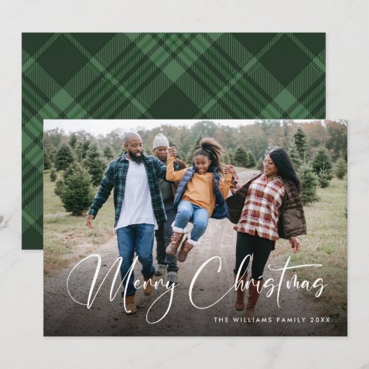 レトロセージグリーンクリスマスプレドタータンチェック写真 シーズンカード (正面/裏面)