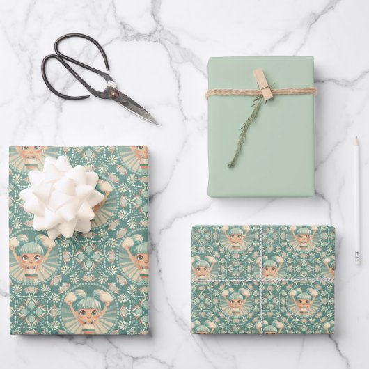 レトロセージ砂チアリーダーマンダラダイヤモンドタイル ラッピングペーパーシート (正面)