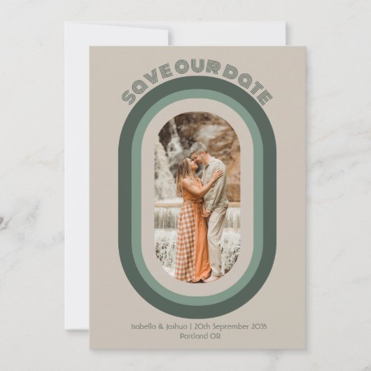 レトロセージ緑のアーチ救写真私たちの日付 招待状 (正面)