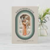 レトロセージ緑のアーチ救写真私たちの日付 招待状 (スタンド正面)