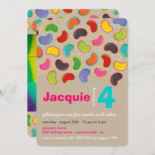 レトロゼリーポップ・アートのビーンスウィートキャンディお洒落誕生日 招待状 (正面/裏面)