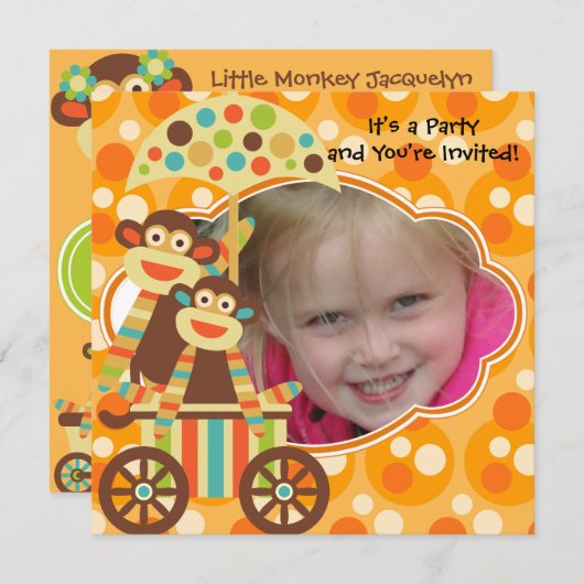 レトロソックモンキーフォト誕生日招待状 招待状 (正面/裏面)