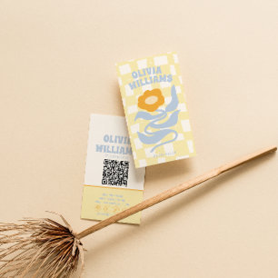 レトロソフトQRコードボヘミアン風チェック柄フラワー 名刺