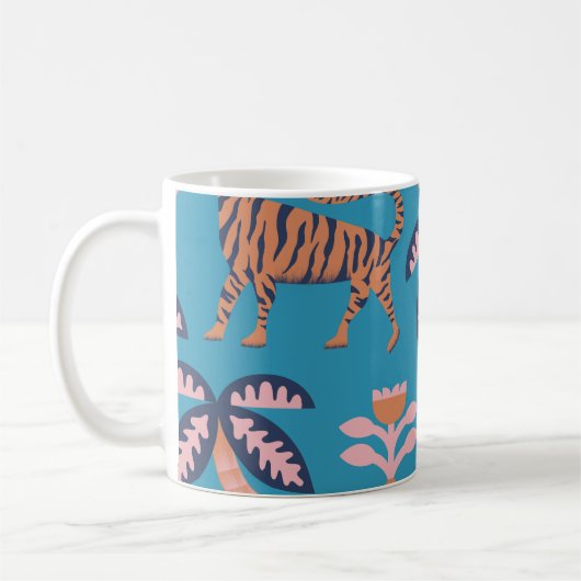 レトロタイガー、ヤシの木、花柄 コーヒーマグカップ (左)