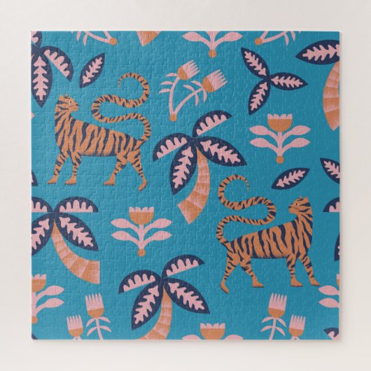 レトロタイガー、ヤシの木、花柄 ジグソーパズル (縦)