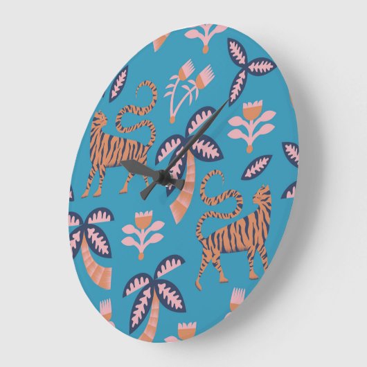 レトロタイガー、ヤシの木、花柄 ラージ壁時計 (傾斜)