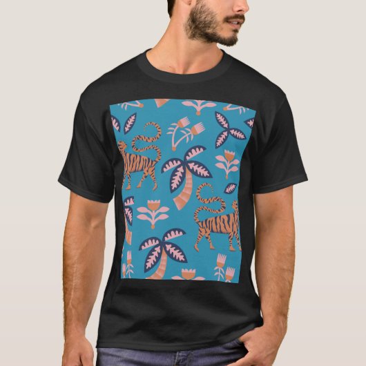 レトロタイガー、ヤシの木、花柄 Tシャツ (正面)