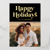 レトロタイプハッピーホリデイズフォトブラック&金ゴールド 箔シーズンカード (正面)