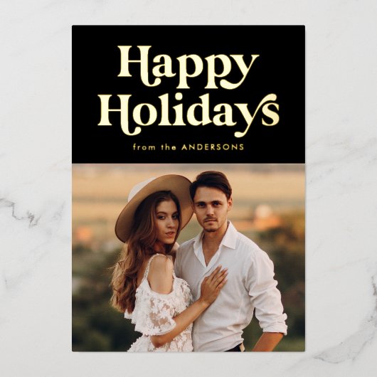 レトロタイプハッピーホリデイズフォトブラック&金ゴールド 箔シーズンカード (正面)