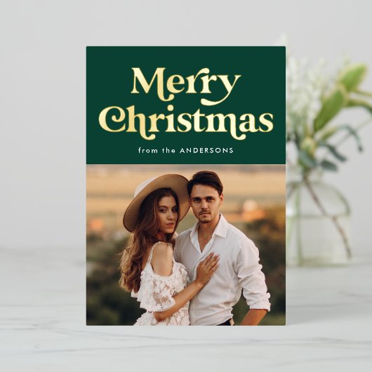 レトロタイプ緑と金ゴールド写真 箔シーズンカード (立ち正面)