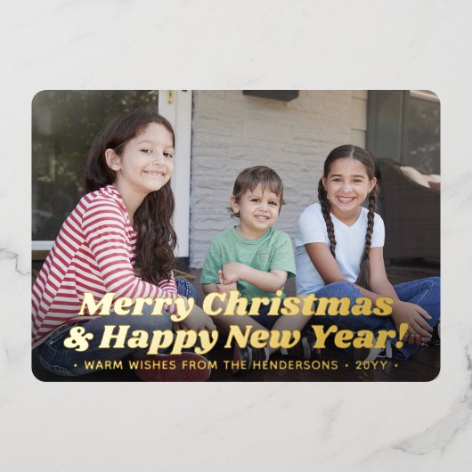 レトロタイポグラフィクリスマス&新年2写真 箔シーズンカード (正面)