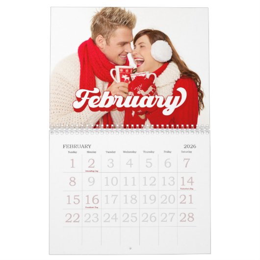 レトロタイポグラフィスタイル文字、編集可能なカスタム写真 カレンダー (2月 2026)