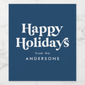 レトロタイポグラフィネイビーハッピーホリデイズ ワインラベル (シングルラベル)