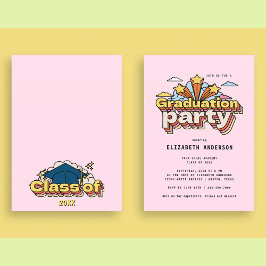 レトロタイポグラフィピンク卒業カラフルパーティー 招待状
