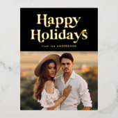 レトロタイポグラフィブラックハッピーホリデーズフォト 箔シーズンポストカード (正面)