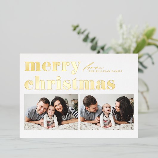 レトロタイポグラフィメリークリスマスツーフォト 箔シーズンカード (立ち正面)