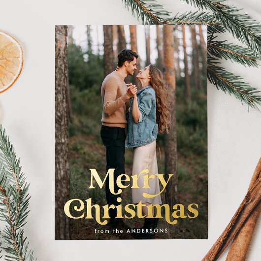 レトロタイポグラフィメリークリスマスフォト 箔シーズンカード
