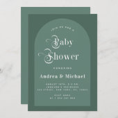 レトロタイポグラフィモスグリーンボホアーチベイビーシャワー 招待状 (正面/裏面)
