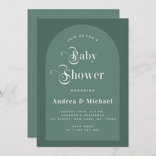 レトロタイポグラフィモスグリーンボホアーチベイビーシャワー 招待状 (正面/裏面)