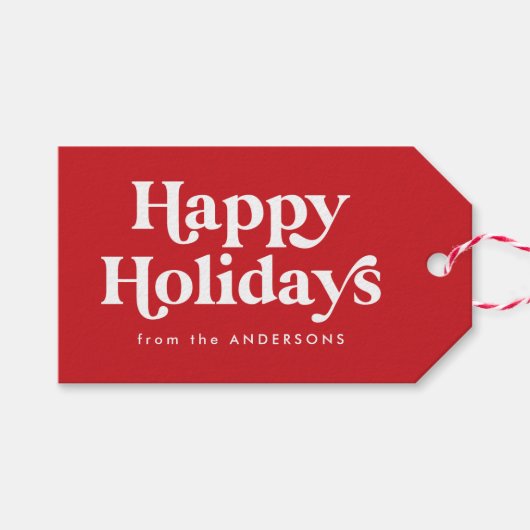 レトロタイポグラフィレッドハッピーホリデイズ ギフトタグ (正面(横))