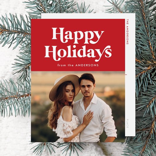 レトロタイポグラフィレッドハッピーホリデーズフォト シーズンポストカード