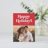 レトロタイポグラフィレッドハッピーホリデーズフォト シーズンポストカード (スタンド正面)