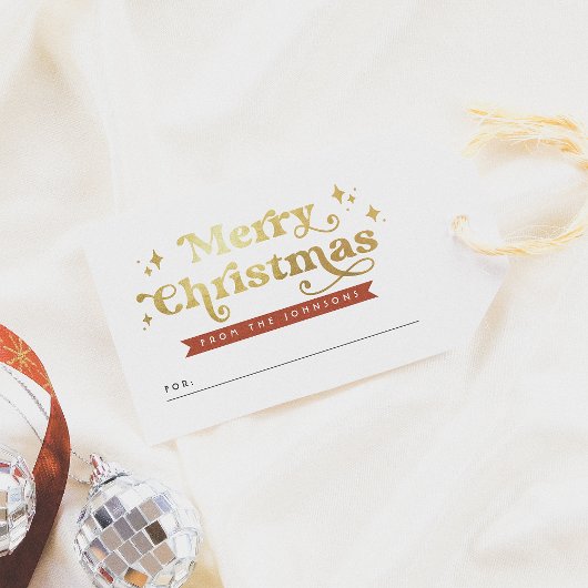レトロタイポグラフィレッド&金ゴールドグルービーメリークリスマス ギフトタグ