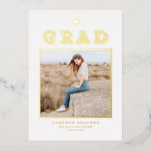 レトロタイポグラフィ写真卒業金ゴールド 箔招待状 (正面)