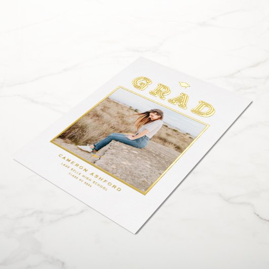 レトロタイポグラフィ写真卒業金ゴールド 箔招待状 (回転した状態)